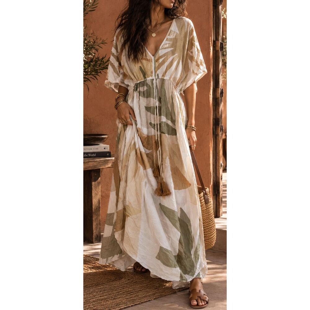 World Market L/XL Abstract Botanical Maxi Kaftan Dress Boho Tassel Tie Neutral
